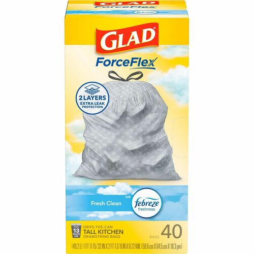 Glad ForceFlex Tall Kitchen Drawstring Trash Bags - Fresh Clean with Febreze Freshness - 13 gal Capacity - 24" Width x 27.38" Length - 1.05 mil (27 Micron) Thickness - Drawstring Closure - White - 40/Box - Kitchen