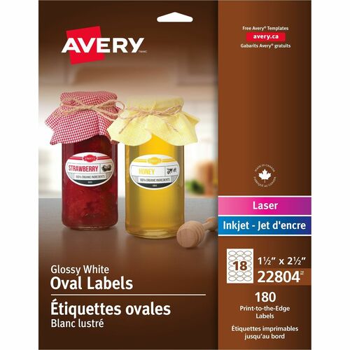 Avery® Glossy White Labels - Sure Feed Technology - Permanent Adhesive - Oval - Laser, Inkjet - White - Paper - 18 / Sheet - 10 Total Sheets - 180 Total Label(s)