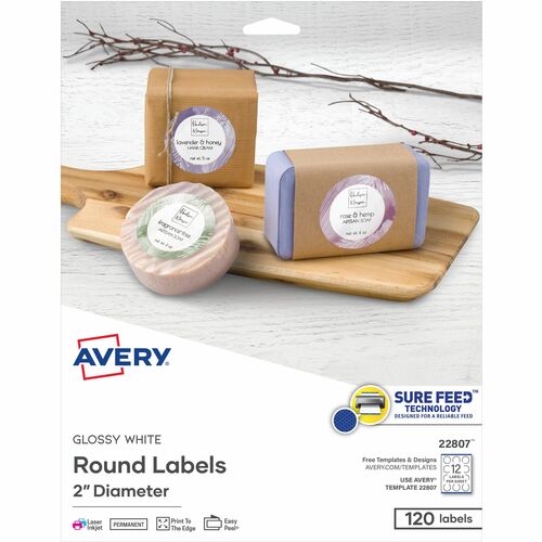 Avery® Glossy White Printable Round Labels with Sure Feed™ Technology - 2" Diameter - Permanent Adhesive - Round - Laser, Inkjet - Bright White - Paper - 12 / Sheet - 10 Total Sheets - 120 Total Label(s) - 120 / Pack