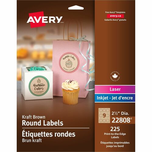 Avery® Print-To-The-Edge Kraft Brown Labels - Permanent Adhesive - Round - Laser, Inkjet - Kraft Brown - Paper - 9 / Sheet - 25 Total Sheets - 225 Total Label(s)