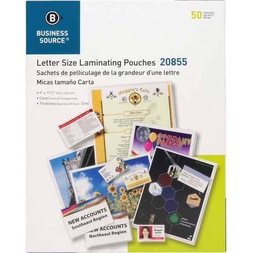 Business Source Letter Size Laminating Pouches - Laminating Pouch/Sheet Size: 9" Width x 11.50" Length x 5 mil Thickness - for Photo, Document, ID Badge, Recipe - Pre-trimmed - Clear - 50 / Box