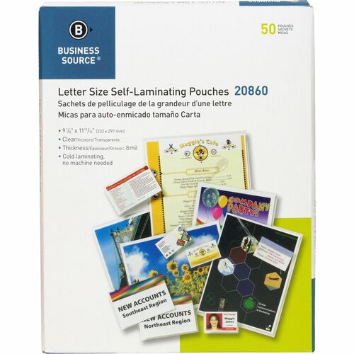 Business Source Laminating Document Pouches - Laminating Pouch/Sheet Size: 9" Width x 11.50" Length x 8 mil Thickness - for Document, ID Badge, Photo, Recipe - Pre-trimmed - Clear - 50 / Box