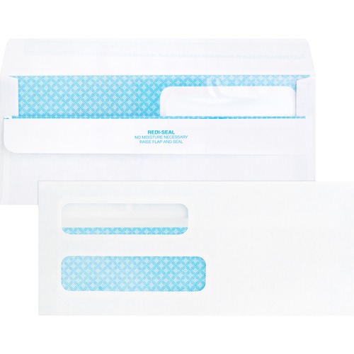 No. 8-5/8 check envelopes offer double windows for return address and mailing address. Poly windows and inside tint deliver privacy of contents. Self-sealing design makes them quick and easy to close. 24 lb. envelopes require no moisture to seal. Unique double-flap design keeps the gum from sticking before use. Simply raise the lower flap and press. 