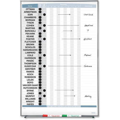 Quartet Matrix 36-employee In/Out Board - 34" Board Height x 23" Board Width - White Natural Cork Surface - Magnetic, Durable - Silver Frame - 1 Each