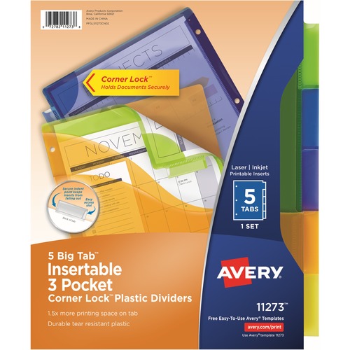 Avery® Big Tab Tab Divider - 5 x Divider(s) - 1/5 - 5 - 5 Tab(s)/Set - 9.3" Divider Width x 11.25" Divider Length - 3 Hole Punched - Multicolor Plastic Divider - Multicolor Plastic Tab(s) - Insertable, Hole-punched, Customizable, Durable, Tear Resista