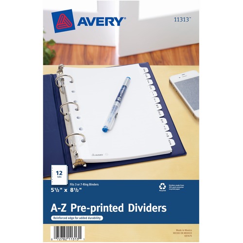 Avery® A-Z Preprinted Tab Dividers - 12 x Divider(s) - A-Z - 12 Tab(s)/Set - 5.5" Divider Width x 8.50" Divider Length - 7 Hole Punched - White Paper Divider - White Paper Tab(s) - Recycled