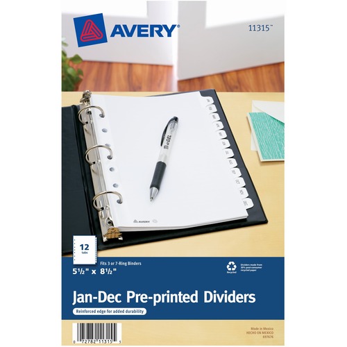 Avery® Monthly Preprinted Tab Dividers - 12 x Divider(s) - Jan-Dec - 12 Tab(s)/Set - 5.5" Divider Width x 8.50" Divider Length - 7 Hole Punched - White Paper Divider - White Paper Tab(s) - Recycled - 12 / Set