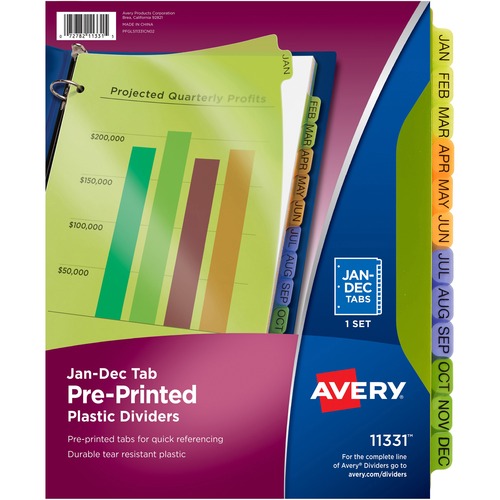 Avery® Preprinted Monthly Tabs Plastic Dividers - 12 x Divider(s) - Jan-Dec - 12 Tab(s)/Set - 8.50" Divider Width x 11" Divider Length - 3 Hole Punched - Multicolor Plastic Divider - Multicolor Plastic Tab(s) - 12 / Set