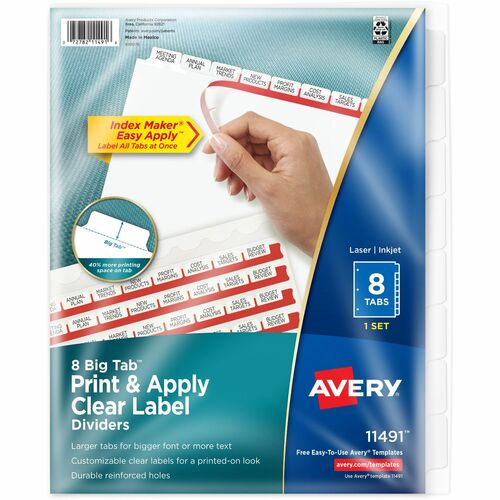 Avery(R) 8 Big Tab Dividers for 3 Ring Binder, Easy Print & Apply Clear Label Strip, Index Maker(R) Customizable White Tabs, 1 Set (11491) - 8 x Divider(s) - Print-on Tab(s) - 8 - 8 Tab(s)/Set - 8.5" Divider Width x 11" Divider Length - 3 Hole Punched - W