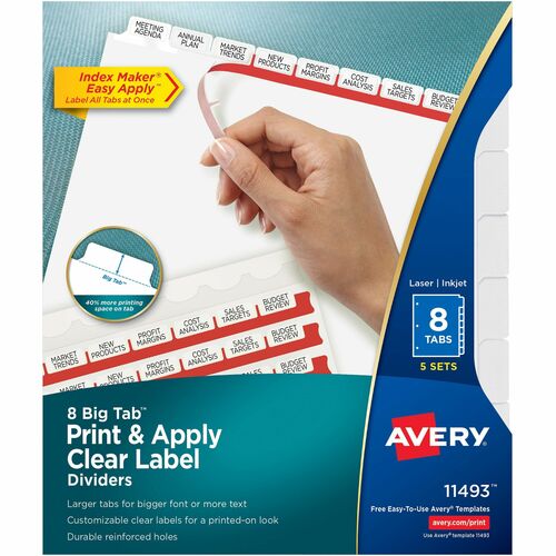 Avery® Big Tab Index Maker Index Divider - 40 x Divider(s) - Print-on Tab(s) - 8 - 8 Tab(s)/Set - 8.5" Divider Width x 11" Divider Length - 3 Hole Punched - White Paper Divider - White Paper Tab(s) - Recycled - 1