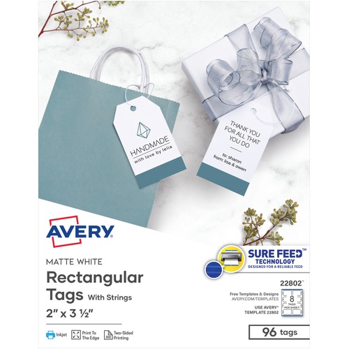 Avery® Printable Tags with String - 2" Length x 3.50" Width - Rectangular - String Fastener - 96 / Pack - Card Stock - White, Matte White