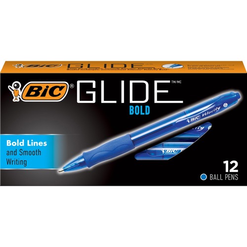 BIC Glide Bold - Bold Pen Point - 1.6 mm Pen Point Size - Conical Pen Point Style - Refillable - Retractable - Blue - Blue Barrel - 1 Dozen
