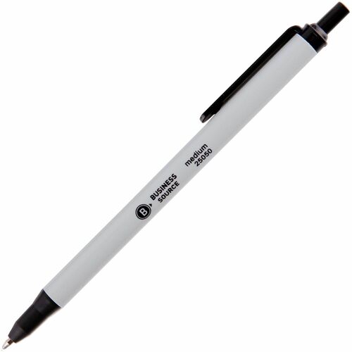 Business Source Retractable Ballpoint Pens - Medium Pen Point - Retractable - Black - Gray Barrel - 1 Dozen = BSN25050