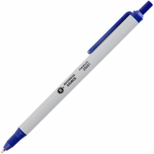 Business Source Retractable Ballpoint Pens - Medium Pen Point - Retractable - Blue - Gray Barrel - 1 Dozen