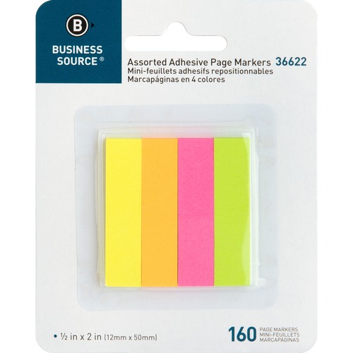 Business Source Removable Page Markers - 40 x Yellow, 40 x Green, 40 x Pink, 40 x Orange - 0.75" x 2" - Rectangle - Assorted - Removable, Repositionable, Self-adhesive - 4 / Pack - Recycled