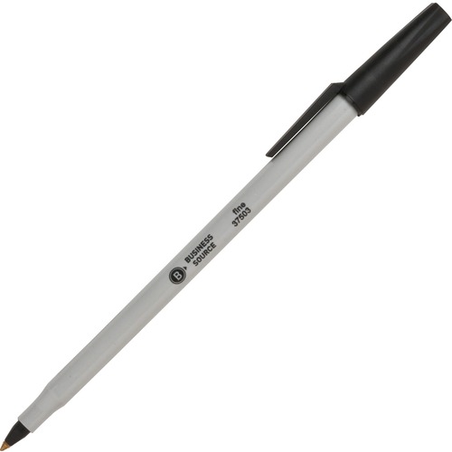 Business Source Fine Point Ballpoint Stick Pens - Fine Pen Point - Black - Light Gray Barrel - Stainless Steel Tip - 1 Dozen = BSN37503