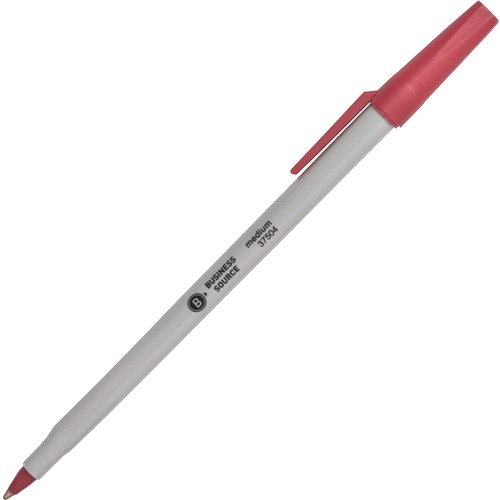 Business Source Medium Point Ballpoint Stick Pens - Medium Pen Point - Red - Light Gray Barrel - Stainless Steel Tip - 12 / Dozen