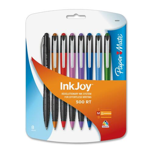 Paper Mate InkJoy 500RT Ballpoint Pen - Medium Pen Point - 1 mm Pen Point Size - Refillable - Retractable - Black, Blue, Red, Magenta, Purple, Green, Orange, Turquoise - Assorted Barrel - 8 / Pack