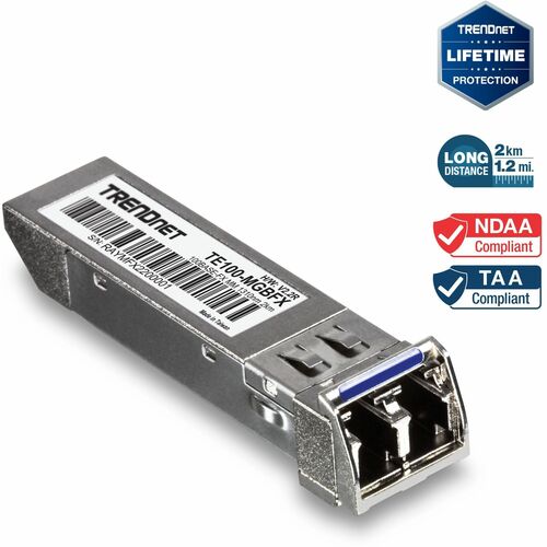 TRENDnet SFP to RJ45 100Base-FX Multi-Mode LC Module, TE100-MGBFX, Compatible with Mini-GBIC, Supports 1310 nm, Up to 155 Mbps, Hot-Pluggable, Up to 2 Km (1.2 Miles), Lifetime Protection - For Optical Network, Data Networking - 1 x LC Duplex 100Base-FX Ne