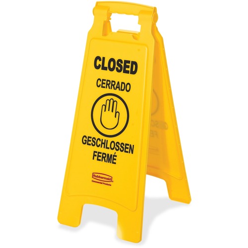 Rubbermaid Commercial Closed Multi-Lingual Floor Sign - 1 Each - English, French, German, Spanish - CLOSED Print/Message - 11" Width x 25" Height x 12" Depth - Rectangular Shape - Hanging - Double Sided - Lightweight, Durable, Multilingual, Fade Resistant