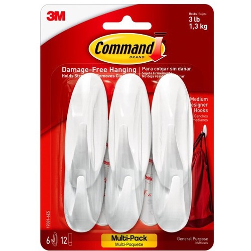 Command General Purpose Hooks, Designer Esse, Medium, Pack Of 6 Hooks - 6 Hooks - 6 Medium Hook - 3 lb (1.36 kg) Capacity - 6.8" Height x 3.9" Width - for Scarf, General Purpose, Key - White - 6 / Pack