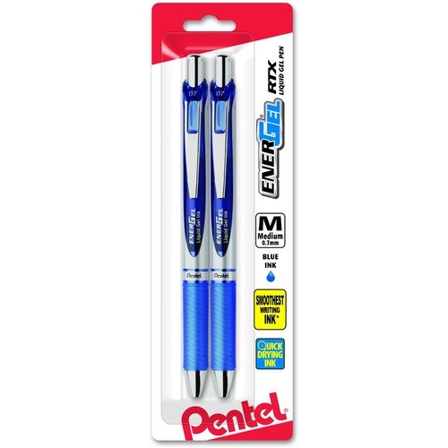 EnerGel RTX Retractable Liquid Gel Pen, (0.7mm) Metal Tip, Medium Line, Blue Ink 2-Pk - Medium Pen Point - 0.7 mm Pen Point Size - Retractable - Blue - Metal, Stainless Steel Tip - 2 / Pack