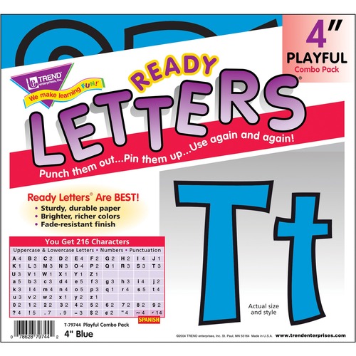 Trend Ready Letters Letter & Number - Learning Theme/Subject - Fade Resistant, Durable, Reusable, Sturdy - 4" (101.6 mm) Height - Blue - 216 / Pack