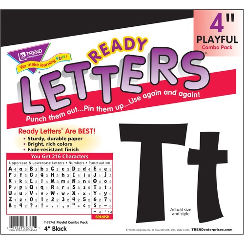 Trend Ready Letters Letter & Number - Learning Theme/Subject - Fade Resistant, Durable, Reusable, Sturdy - 4" (101.6 mm) Height - Black - 216 / Pack