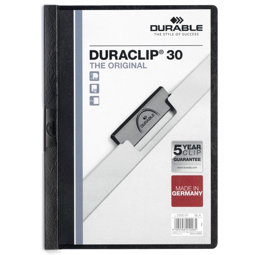 DURABLE DURACLIP Letter Report Cover - 8 1/2" x 11" - 30 Sheet Capacity - Vinyl, Steel - Black - 1 Each = DBL220301