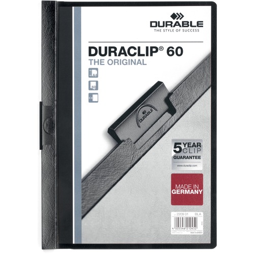 DURABLE DURACLIP Letter Report Cover - 8 1/2" x 11" - 60 Sheet Capacity - Vinyl - Black - 1 Each - Report Covers - DBL221401