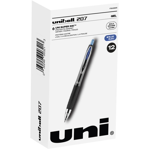 uniball™ 207 Gel Pen - Bold Pen Point - 1 mm Pen Point Size - Refillable - Retractable - Blue Gel-based Ink - Clear Barrel - 1 Dozen