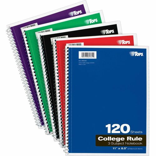 TOPS 3 - subject College Ruled Notebook - Letter - 120 Sheets - Wire Bound - Letter - 8 1/2" x 11" - 0.25" x 8.5" x 11" - Assorted Paper - Black, Red, Blue, Green, Purple Cover - Divider, Perforated - 1 Each