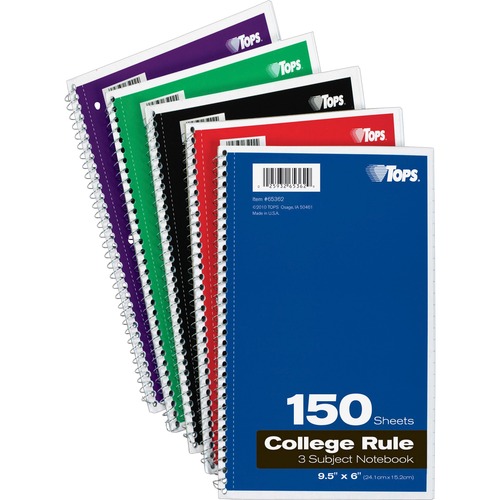TOPS 3-subject College Ruled Notebook - 150 Sheets - Wire Bound - 9 1/2" x 6" - 13" x 7.5" x 9.8" - Bright White Paper - Black, Red, Blue, Green, Purple Cover - Divider, Perforated - 1 Each