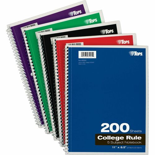 TOPS 5 - subject College - ruled Notebooks - Letter - 200 Sheets - Wire Bound - Letter - 8 1/2" x 11" - 0.25" x 8.5" x 11" - Assorted Paper - Black, Red, Blue, Green, Purple Cover - Divider, Perforated - 1 Each