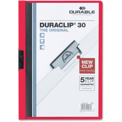 DURABLE DURACLIP Letter Report Cover - 8 1/2" x 11" - 30 Sheet Capacity - 1 Fastener(s) - Vinyl - Red - 1 Each = DBL220303