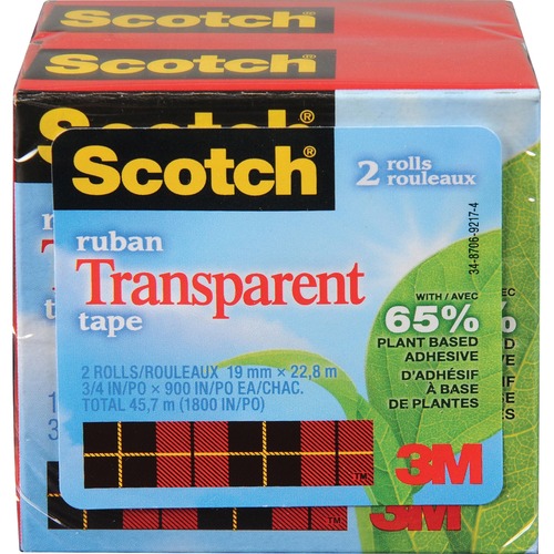Scotch Eco-Friendly Transparent Tape - 24.9 yd (22.8 m) Length x 0.75" (19 mm) Width - 2 / Pack - Clear