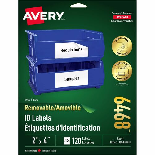 Avery® File Folder Label - 2" x 4" Length - Removable Adhesive - Rectangle - Laser, Inkjet - White - 1 / Pack