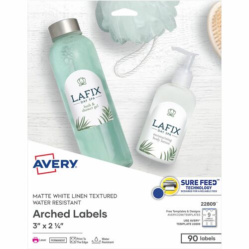 Avery® Arched Labels - Sure Feed - Print-to-the-Edge - 3" Width x 2 1/4" Length - Permanent Adhesive - Arched Rectangle - Laser - Matte White - Paper - 9 / Sheet - 10 Total Sheets - 90 Total Label(s) - Water Resistant - 90 / Pack