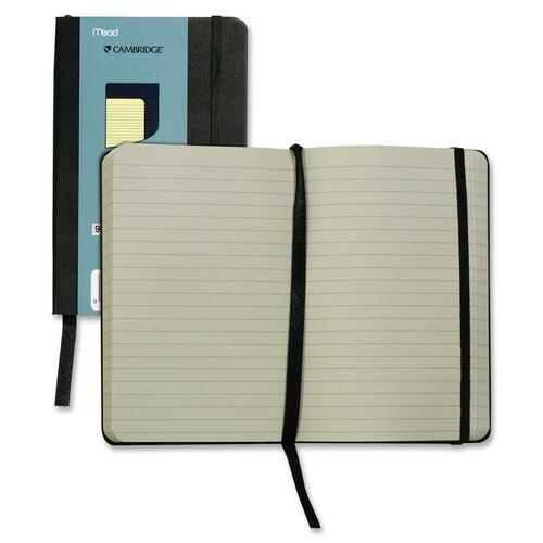 Hilroy Pocket Size Memo Business Notebook - 96 Pages - 3 9/16" x 5 9/16" - Cream Paper - Black Cover - Leather Cover - Ribbon Marker, Pocket, Elastic Closure - 1Each