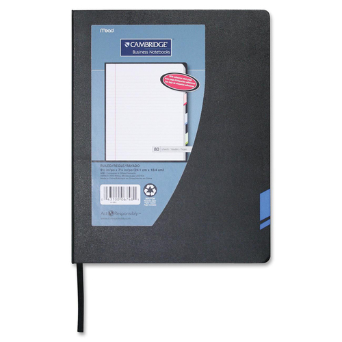 Hilroy Business Notebook - 160 Sheets - Ruled - 9 1/2" x 7 3/4" - Blue Paper - Black Cover - Hard Cover, Tab, Ribbon Marker, Index Sheet, Writeable Spine - Recycled - 1Each