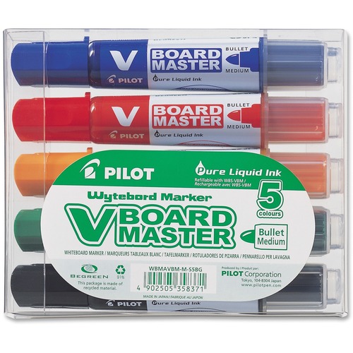 BeGreen V Board Master Whiteboard Marker - Medium Marker Point - Bullet Marker Point Style - Refillable - Blue, Red, Green, Orange, Black - 5 / Set - Dry Erase Markers - PIL358371