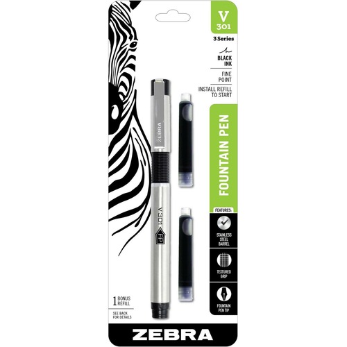 Zebra STEEL 3 Series V-301 Fountain Pen - Medium Pen Point - 0.7 mm Pen Point Size - Refillable - Black - Black Stainless Steel Barrel - 1 Each