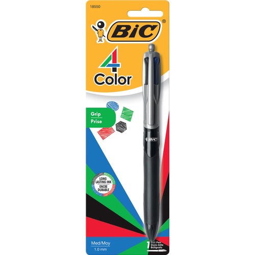 BIC 4-Color Grip Ballpoint Pen - Medium Pen Point - 1 mm Pen Point Size - Refillable - Retractable - Black, Blue, Red, Green - Black, Silver Barrel - 1 Each - Ballpoint Retractable Pens - BICMMPGP1