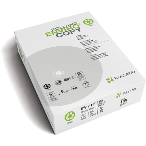 Rolland Enviro100 Laser Copy & Multipurpose Paper - White - Recycled - 100% - 90 Brightness - 89% Opacity - Letter - 8 1/2" x 11" - 20 lb Basis Weight - Smooth - 500 / Ream - Copy & Multi-use White Paper - ROI5101