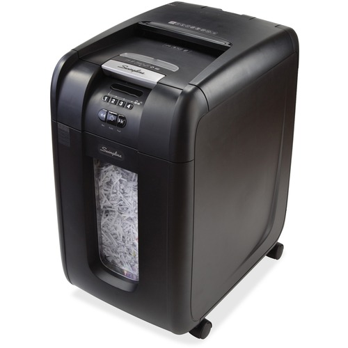 Swingline Stack-and-Shred 300X Automatic Office Shredder - Cross Cut - 250 Per Pass - for shredding Paper, Paper Clip, Staples, CD, Credit Card, DVD - 0.3" x 1.5" Shred Size - Level 3 - 3.05 m/min - 9" Throat - 30 Minute Run Time - 30 Minute Cool Down Tim