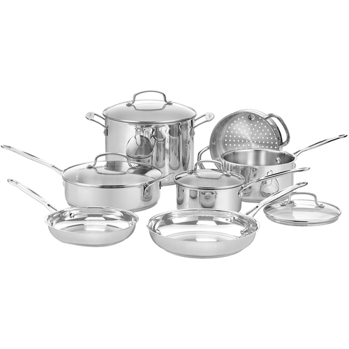 Cuisinart 11-Piece Chef's Classic Cookware Set - Dishwasher Safe - 2.50 quart Saucepan - 1.50 quart 2nd Saucepan - 2 gal Stockpot - 8" Skillet - 10" 2nd Skillet - Stainless Steel, Aluminum Body - Tempered Glass Lid