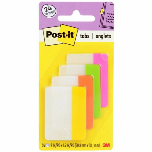 Post-it® Dividing Tabs - Write-on Tab(s) - 1.50" Tab Height x 2" Tab Width - Yellow, Orange, Green, Pink Tab(s) - Durable, Repositionable, Wear Resistant - 24 / Pack