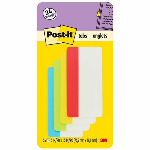 Post-it® Filing Tabs - Write-on Tab(s) - 3" Tab Height x 1.50" Tab Width - Red, Green, Yellow, Blue Tab(s) - Durable, Reusable - 24 / Pack