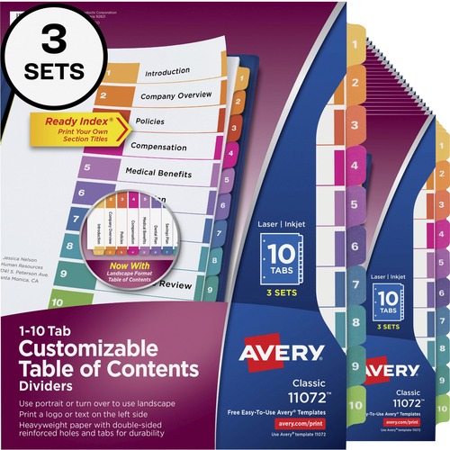 Avery® Ready Index Custom TOC Binder Dividers - 30 x Divider(s) - 1-10 - 10 Tab(s)/Set - 8.5" Divider Width x 11" Divider Length - 3 Hole Punched - White Paper Divider - Multicolor Paper Tab(s) - Recycled - 36 / Carton