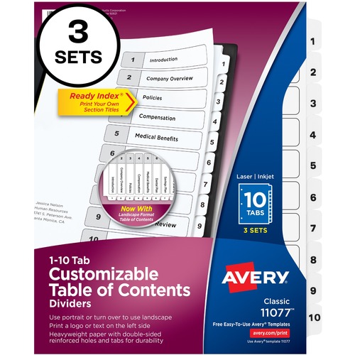 Avery® Ready Index Classic Tab Binder Dividers - 360 x Divider(s) - 360 Tab(s) - 1-10 - 10 Tab(s)/Set - 8.5" Divider Width x 11" Divider Length - 3 Hole Punched - White Paper Divider - White Paper Tab(s) - Recycled - 12 / Carton